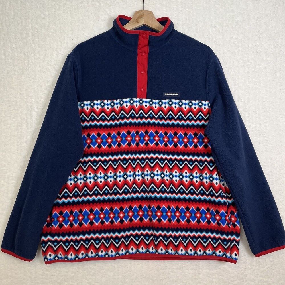 LANDS' END OEKO-TEX Womens Multicolor 1/4 Snap Nordic Fleece Jacket Size XL/P 18